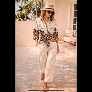 Artisan Mishca Cotton Tie Waist Blouse Boho Resort Chic Top M